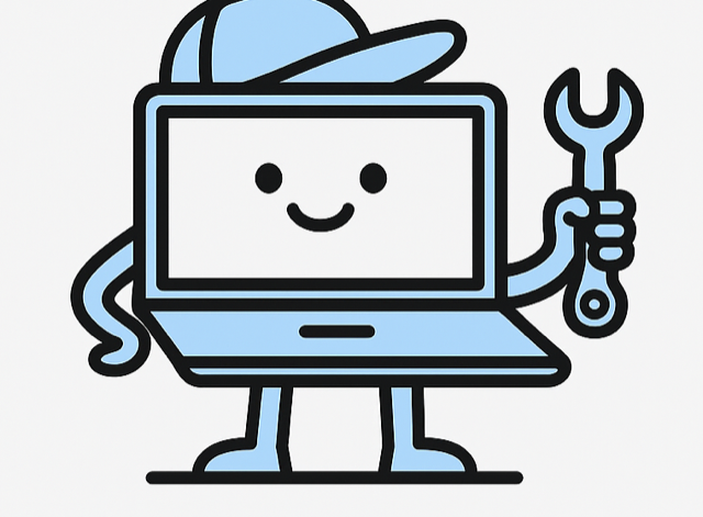Edwin Tech Fix mascot, a friendly laptop character holding a wrench
